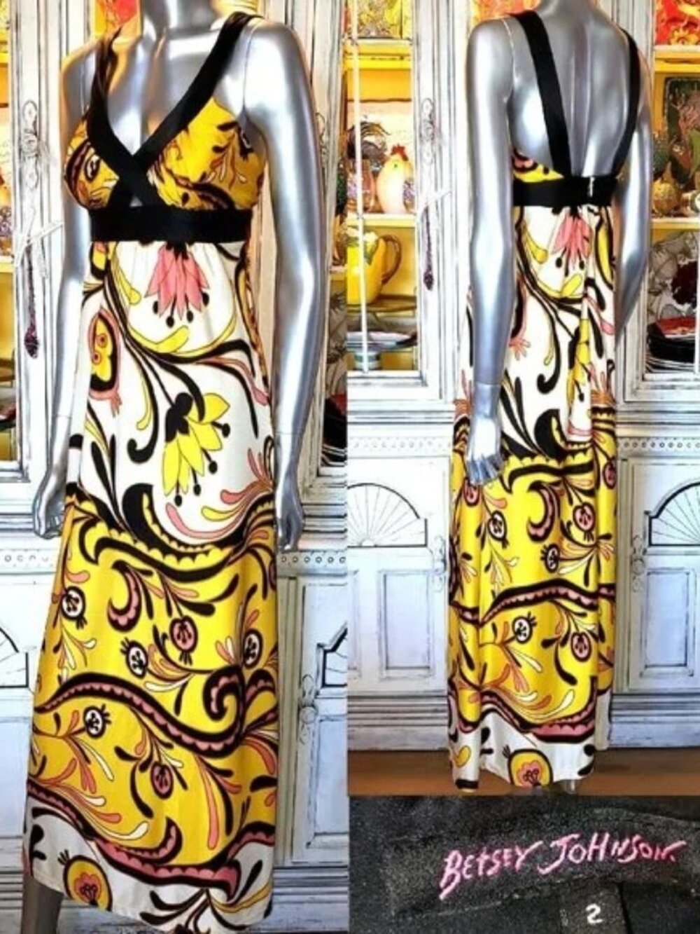 Betsey Johnson Vintage Slip Dress Y2K Yellow Pink Easter Lily Floral Long Maxi S
